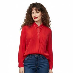 VINTAGE TanJay Red Embroidered Pintuck Blouse | Padded Shoulder | Sz 14